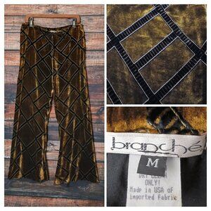 Branche Vintage Velvet Pants M Wide Leg Silk Rayon Bronze Black Windowpane USA